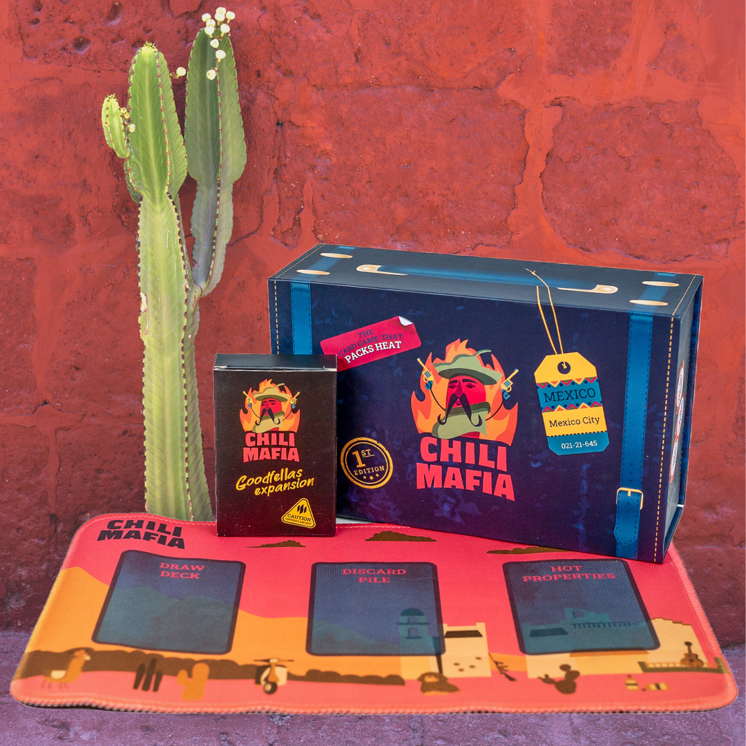 Chili Mafa - the card game that packs heat, Goodfellas expansion and playmat. Add some spice to your next board game night with this set-collection card game for up to 8 people!