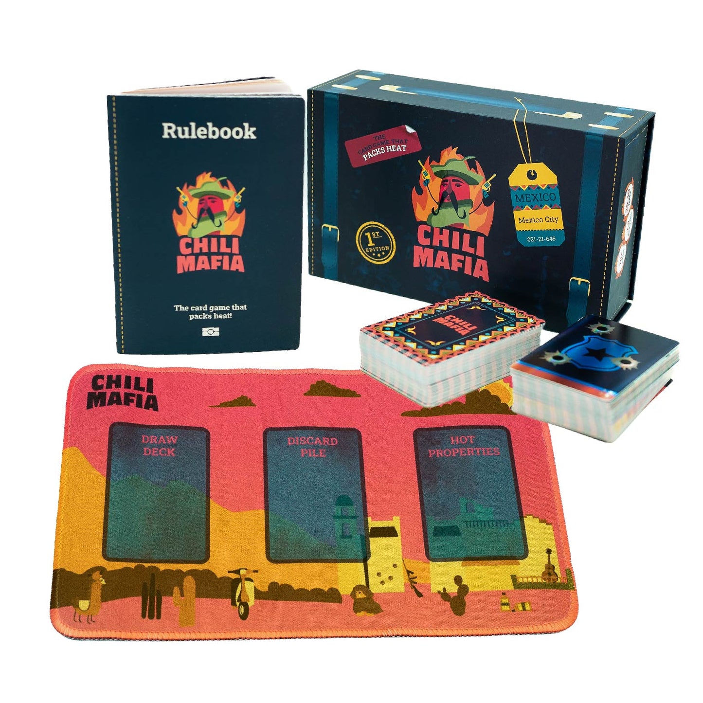 Chili Mafia with playmat. Add some spice to your next board game night with this set-collection card game for up to 8 people! Inspired by the spicy chili peppers of Mexico!